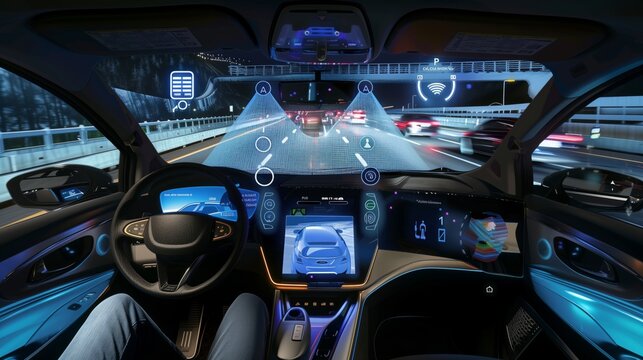 Cutting-edge interior view of an automatic drive vehicle featuring advanced technology and safety features including handsfree controls, touchsets, holographic displays on the windshield, AI elements