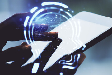 Creative artificial Intelligence concept with human head hologram and finger clicks on a digital...