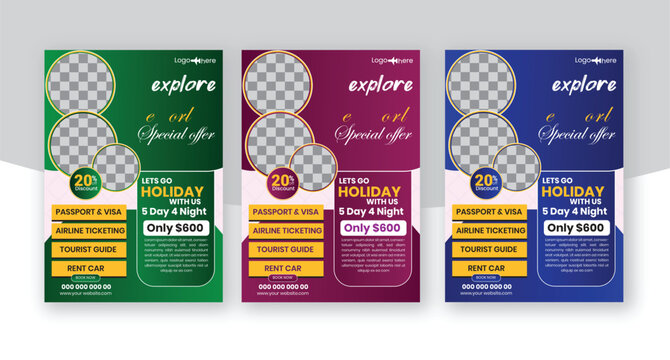 Travel Vacation Tour Agency Flyer Template Design. set of travel flyer template with abstract background style and modern layout use for promotion ads and travelling poster