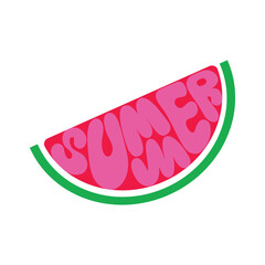 slice of watermelon with summer lettering, pink hand drawn letters within red watermelon, isolated vector illustration on white background, design element for cards,banner,wallpaper,poster