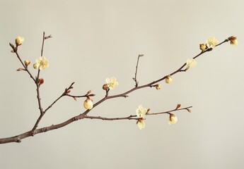 A beautiful branch with flowers is against a light grey background.