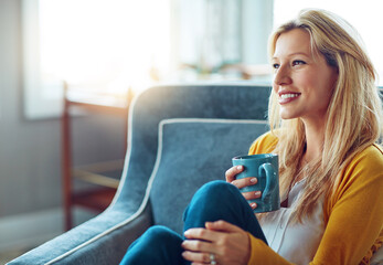 Lounge, morning and couch for woman, coffee and smile in home, relax and warm in apartment and...