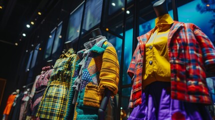 Fototapeta premium Trendy outfits showcased on mannequins at a high end fashion show, with spotlight on them