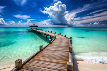 Fototapeta premium Wooden Pier on White Sand Beach with Turquoise Sea