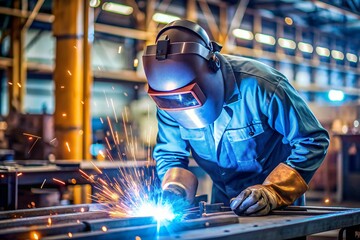 Skilled Factory Worker Welding Metal Parts in Safety Gear  Selective Focus on Worker with Vibrant Welding Station Backdrop
