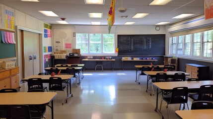 Classroom is spacious with neatly arranged desks and chairs and a large chalkboard in front