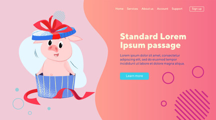 Joyful pig sitting in box like present. Symbol of year, animal, New Year, gift, holiday, surprise concept can be used for landing page, banner, website design