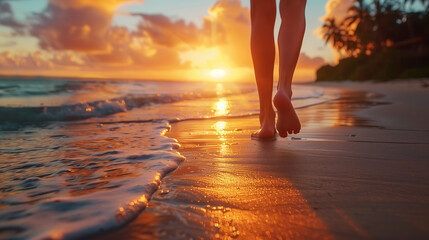 Closeup of a woman’s bare feet walking on a tropical beach at sunset