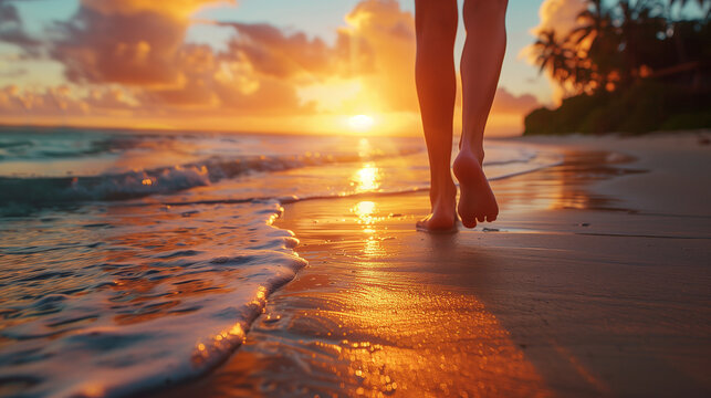 Closeup of a woman’s bare feet walking on a tropical beach at sunset