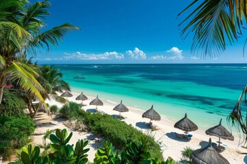 A serene beach view with palm trees, huts and clear blue waters.