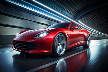 red luxury car speed driving  on a highway
