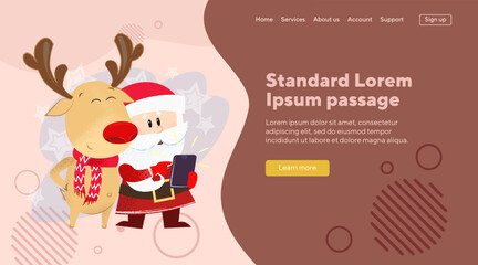 Santa Claus and reindeer taking selfie. Cartoon characters with smartphone. Christmas, North Pole, communication, technology concept can be used for banner, website design or landing page