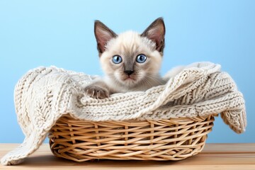 Sweet siamese kitten relaxing in wicker basket with soft and cozy knitted blankets
