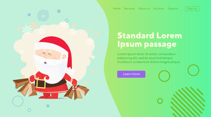 Santa Claus with presents. Vector illustration of cartoon Santa holding paper packets on background with snowflakes. Christmas, holiday, festival concept for banner, landing page