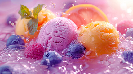 Balls of colored ice cream with berries and fruits