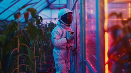 Space-suited farmer working in a colorful, extraterrestrial greenhouse, suggesting the illicit nature of agricultural activities in space.
