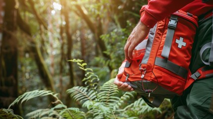 Fototapeta premium Close up of a hiker's hand taking a first aid kit from a backpack in a forest.