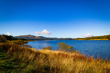 Looking north over Carron Valley reservoir in Stirlingshire, Scotland, on a beautiful, sunny autumn...
