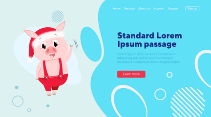 Cartoon piggy in Santa hat design element. Vector illustration of piglet waving in red jumpers. Christmas, holiday, festival concept c be used for website design, banner or landing page