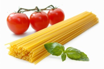 Fresh tomato and basil garnish on single portion of spaghetti on white background