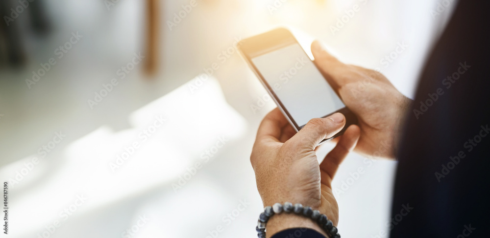 Poster Business man, hands and cellphone screen with social media and scroll on app with email. Text, employee and mobile networking with texting message of creative worker at company with web search