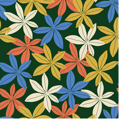 Abstract seamless tropical pattern with bright plants and leaves on a green background. Botanical leaf seamless vector floral pattern background. Trendy summer Hawaii print.