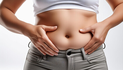 Naklejka premium donna gonfiore addominale pancia tenersi la pancia mal di pancia grasso grassa obesità