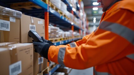 Precision in Logistics: Warehouse Worker Scanning Barcodes with Handheld Scanner