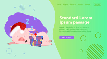 Cute Christmas piggy hugging present box and sleeping. Christmas eve night concept. Vector illustration can be used for banner design, festive poster, landing page