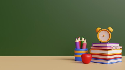 Back to school cartoon 3d rendered illustration. School equipment with chalkboard background