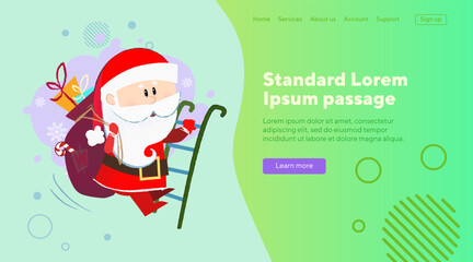 Cute Santa Claus holding sack with gifts and climbing ladder. Christmas design element. Cekebration concept can be used for banners or landing pages