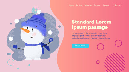 Cute snowman vectro illustration. Drawing of snowman in blue knitted hat and scarf on background with snowflakes. Winter concept. Can be used for banner, landing page or website design