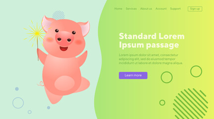 Excited pig holding sparkler. Happy cartoon character dancing. Symbol of year, party concept. Can be used for website design, landing page, banner