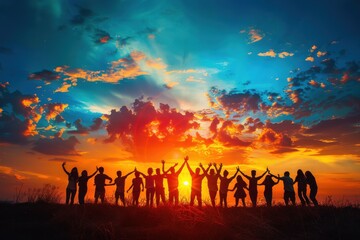Fototapeta premium A group of people are holding hands in a field at sunset