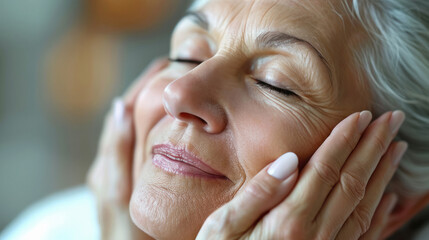 An elegant image of an elderly woman receiving a rejuvenating facial treatment