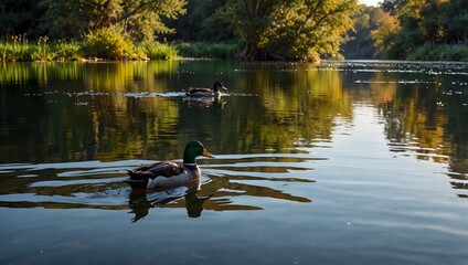 A serene scene of ducks gracefully gliding across the shimmering water of a tranquil pond ai_generated