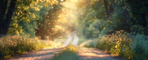 Obraz premium A path through a wooded area with sunlight shining through.