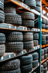 Obraz premium Industrial waste management piles of car tires in factory storage area for effective disposal