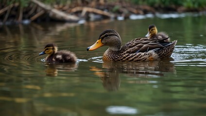 Obraz premium The playful interactions between a family of ducks as they frolic in the cool, rippling waters of a stream ai_generated