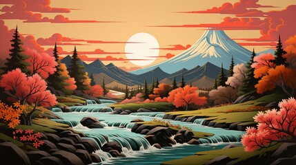 Serene Autumn Sunset Over a Snow-Capped Mountain with a Flowing River
