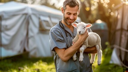 The veterinarian holding lamb