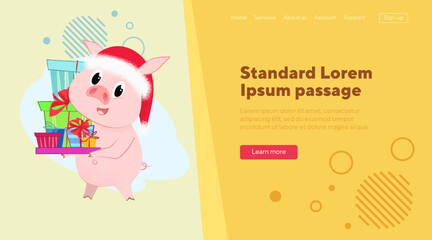 Joyful piglet in Santa hat carrying pile of presents. Christmas gift delivery concept. Vector illustration can be used for banner design, festive poster, landing page