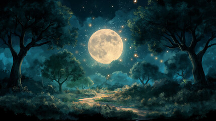 Watercolor illustration that depicts a nocturna, watercolor night forest illustration background