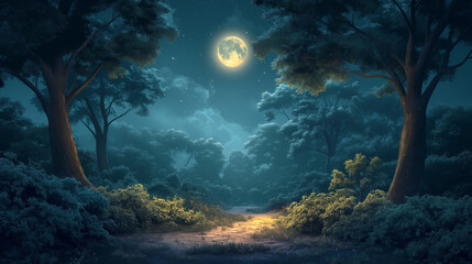 Watercolor illustration that depicts a nocturna, watercolor night forest illustration background