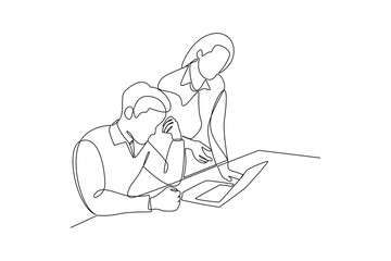 Simple continuous line drawing good friend support at work environment. Work minimalist concept. Work environment activity. Work analysis icon.