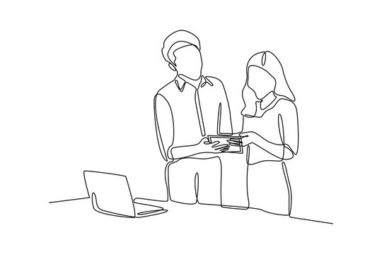 Simple continuous line drawing og man and women discussing work. Work minimalist concept. Work environment activity. Work analysis icon.