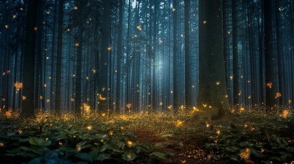 Magical glowing fireflies in a dark forest at twilight.