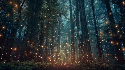 Magical glowing fireflies in a dark forest at twilight.