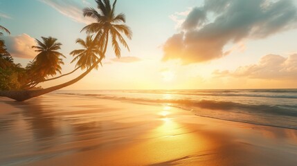 Sunrise on a tropical beach with palm trees and calm waves.