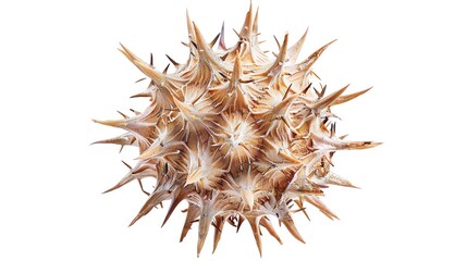 Close-up image of a spiky dried seed pod with sharp thorns on a white background, showcasing intricate natural patterns and textures.